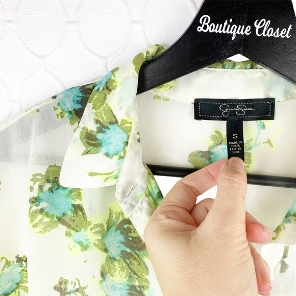 JESSICA SIMPSON Green Floral Sheer Hi/Lo Button Sm - Picture 3 of 6